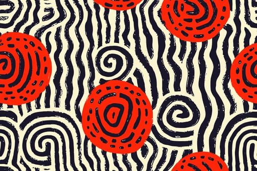 Colorful abstract design showcases bold red circles intertwined with black wavy lines, creating a dynamic visual effect on a light background.