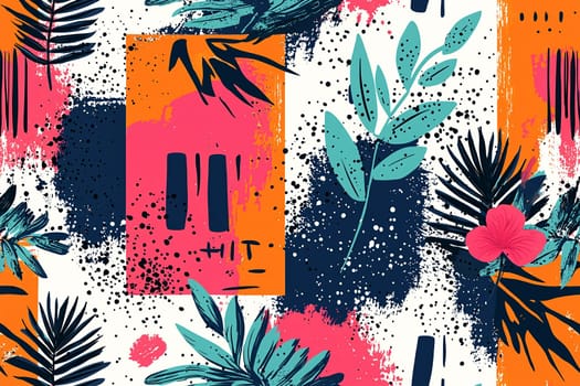Bold design showcasing a mixture of tropical leaves and abstract elements in bright colors, perfect for modern decor.