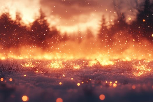 Glowing embers scatter across a snow-covered landscape with trees silhouetted against a colorful sunset sky, creating a surreal view.