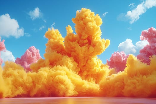Bright yellow and pink clouds billow up into the clear blue sky above a serene water surface, creating a stunning visual display in daylight.