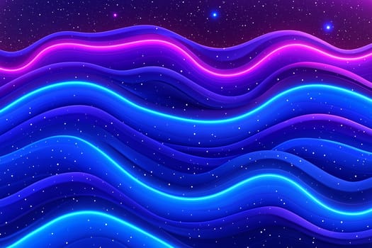 Waves of blue and pink light luminosity flow across a dark cosmic background filled with stars, creating a mesmerizing visual effect.