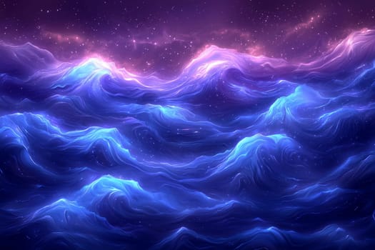 Vibrant waves in blue and purple hues rise beneath a starry cosmic sky, creating a tranquil and mystical atmosphere at night.