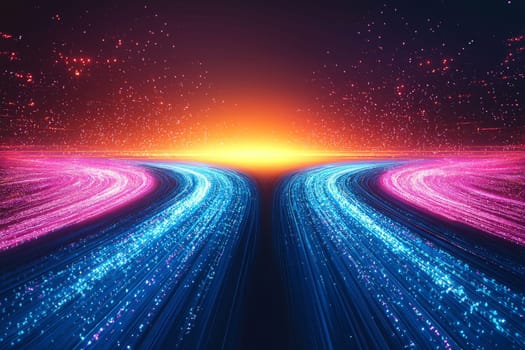 Colorful trails of light stretch towards a bright horizon, blending blues and pinks against a dramatic sunset backdrop.