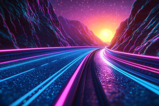 A winding road illuminated by neon lights stretches between majestic mountains during a beautiful sunset, showcasing vibrant colors and reflections.