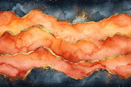 Colorful abstract design features dynamic orange waves accented with gold against a deep dark backdrop, creating a stunning visual effect.