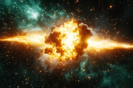 A vibrant explosion in deep space, surrounded by colorful gases and shimmering stars, creates a stunning visual effect.