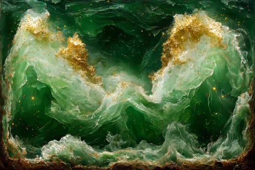 Vibrant green and gold colors blend together, resembling waves crashing in a mystical ocean landscape during twilight hours.