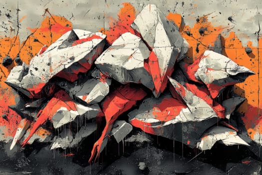 Bold abstract mural displays angular rock shapes layered in gray and orange hues, creating a striking visual in an urban setting.