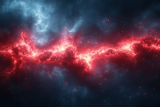 A vivid display of a galactic nebula shows swirling red and blue gases highlighting the beauty of cosmic formation in outer space.