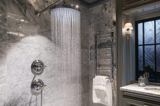 A sophisticated bathroom features a rainfall showerhead, marble walls, and a stylish towel rack, creating a serene atmosphere.