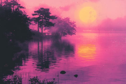 Soft pink sunset casts a serene glow on the lake, with silhouetted trees creating a peaceful atmosphere during twilight hours.