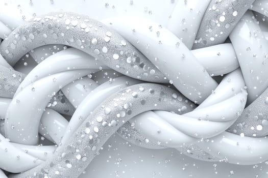 Delicate intertwining ropes in white tones feature shimmering accents, creating a sophisticated and captivating visual display.