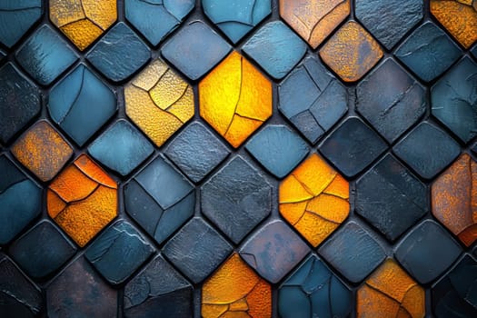 A vibrant tiled wall displays a combination of dark and bright colors, showcasing artistic design elements and textures.