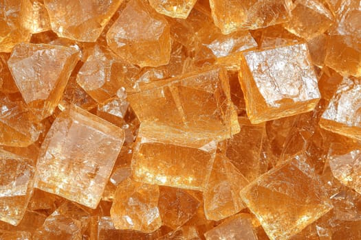 Sweet rock candy pieces glimmer in the light, showcasing their translucent amber color and unique crystalline structure, enticing with color.