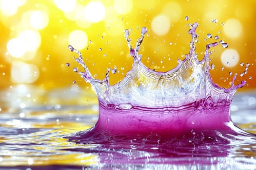 Bright purple splash from water creates intricate patterns against a shimmering golden background, capturing a moment of dynamic beauty.