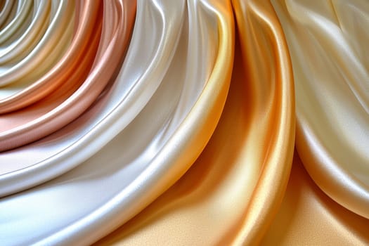 Silky fabric in soft tones cascades gracefully, showcasing intricate folds and textures in a well-lit studio environment.