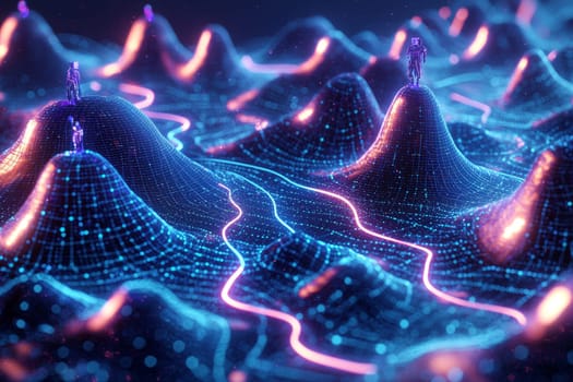 Figures traverse a vibrant digital landscape featuring glowing peaks and flowing lines, illustrating a futuristic exploration scene.