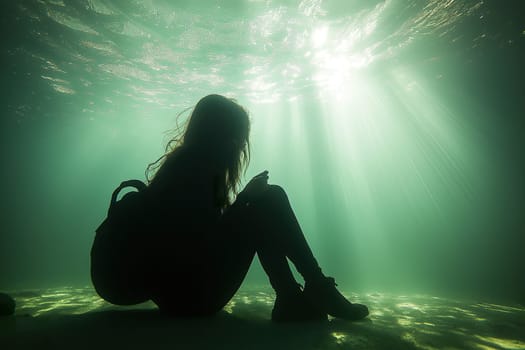A person sits calmly in a tranquil environment, absorbing the serene ambiance created by underwater light.