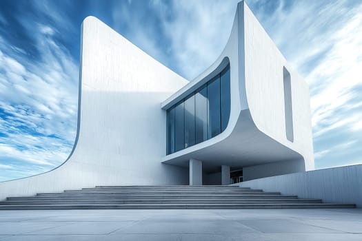 The striking white facade of a contemporary evangelical church stands prominently, inviting community engagement under a clear sky.