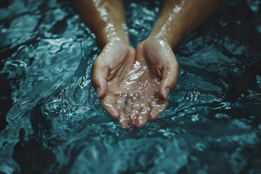 Two hands delicately hold clear water, creating ripples in a peaceful, calming environment, evoking tranquility.