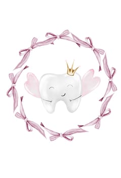 Baby tooth watercolor. Cute cartoon molar with crown in a round frame of pink bows on isolated white background. Dental clip art. Ideal for cards and invitations to the party baby's first tooth, posters in the doctor's office. High quality illustration