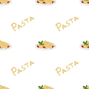 Pasta on a plate seamless pattern watercolor. Hand drawn italian macaroni with tomatoes and basil on white background. Food clip art. Ideal for pasta packaging, restaurant menus and posters. High quality illustration