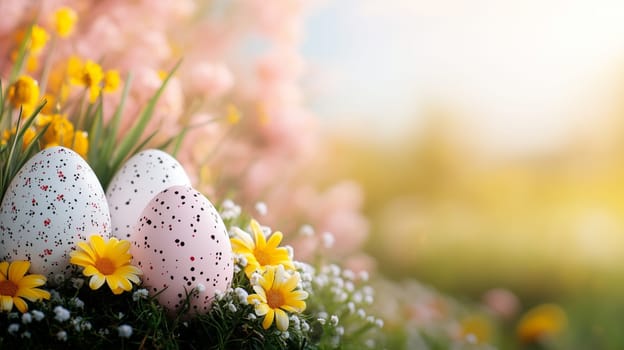Easter eggs are hiding in the grass among spring flowers on a beautiful sunny day