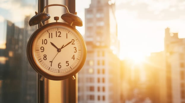 Vintage alarm clock hanging in a window with a sunrise and city view in the background.