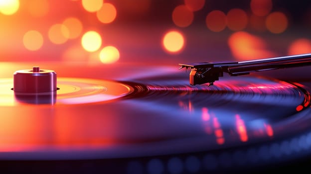 Close-up of a vinyl record spinning on a turntable under colorful bokeh lights, creating a vibrant and nostalgic atmosphere.