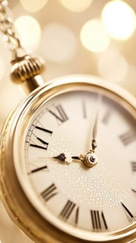 Golden pocket watch with condensation showing almost midnight, hanging on gold chain on blurred background