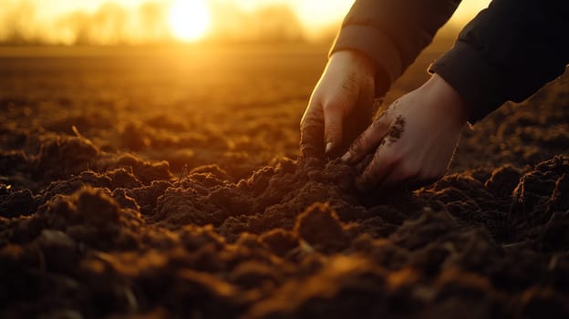 Farmer is holding fertile soil in hands at sunset in cultivated field