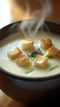 Creamy soup with croutons and herbs steaming in a bowl, perfect for a comforting meal