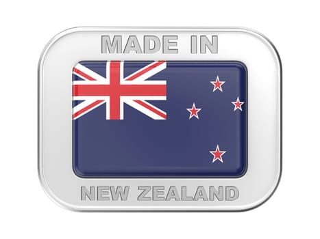 Made in New Zealand, silver badge with the flag of New Zealand