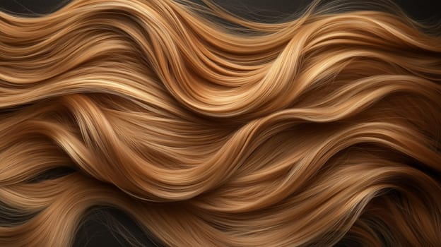 Healthy wavy blond hair flowing on a dark background, creating a beautiful and elegant pattern