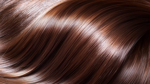 Brown hair flows, forming elegant shiny waves, symbolizing health and beauty