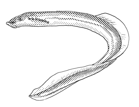 Cartoon style line drawing of a Lampetra ayresii, river lamprey or western river lamprey a freshwater fish endemic to North America with halftone dots shading on isolated background in black and white.