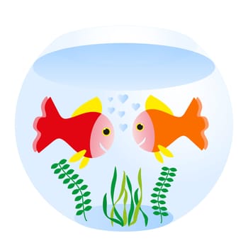 two loving fishes swim in round sea aquarium