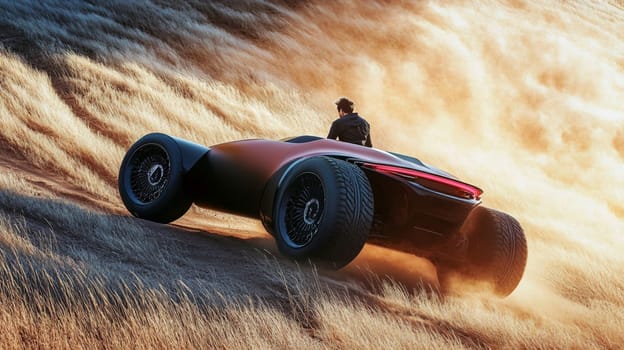 Futuristic car climbs a grassy hill at sunset, driven by a man exuding freedom and adventure. The scene captures modern design, luxury, and speed, perfect for conveying ambition and achievement