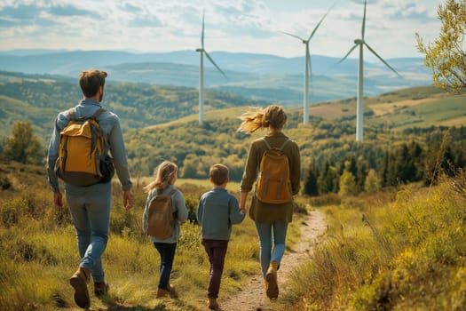 A family enjoys a hike along a trail surrounded by wind turbines and lush hills.