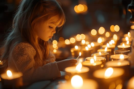 The girl gently lights a candle, surrounded by a glow of numerous flickering flames, immersed in a moment of tranquility.