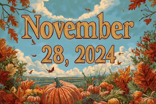 The vibrant autumn atmosphere showcases pumpkins amidst colorful leaves on November 28, 2024, under a bright blue sky.