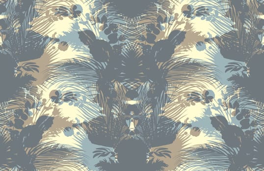 Mix of silhouettes in a seamless textile pattern with tropical leaves and branches. botanical motif for summer clothes