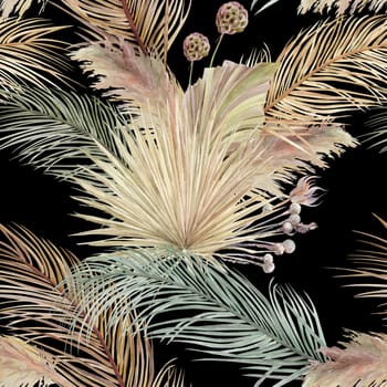 Botanical pattern with dry palm leaves collected in herbs on a black background. Summer watercolor motif for textile and design