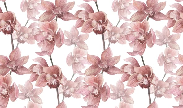 watercolor seamless pattern with orchid flowers on white background for textiles and surface design