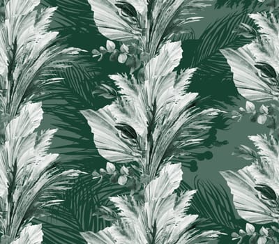 Monochrome botanical motif of tropical dried flowers with palm leaves and pampas grass in shades of green for textile and surface design
