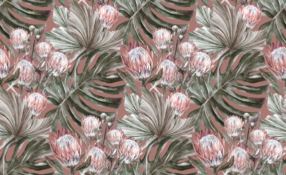 watercolor seamless pattern with dried protea flowers and monstera leaves on a brown background in Boho style for textiles and surface design