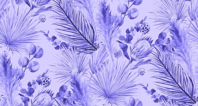 Watercolor monochrome pattern with tropical dried flowers and pampas grass in purple shades. Eucalyptus branches and dried tropical palm leaves for summer textiles and surface design