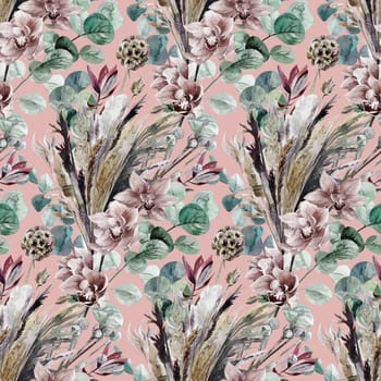 Botanical pattern in boho style with orchid flowers and herbs on a pink background for textile and surface design