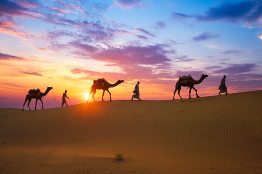 Indian cameleers camel drivers bedouin with camel silhouettes in sand dunes of Thar desert on sunset. Caravan in Rajasthan travel tourism background safari adventure. Jaisalmer, Rajasthan, India