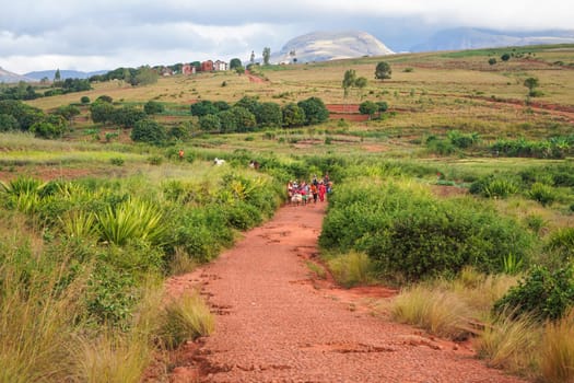 Sendrisoa, Madagascar - April 28, 2019: Group of unknown Malagasy men, women and children walking home after working at fields, over red dust road, grass meadows and small mountains in background